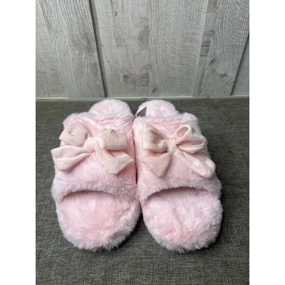 Womens Fuzzy Open Toe Pink Slippers Bow Trim Non-Slip Sole Size M 8-10 - Picture 5 of 7